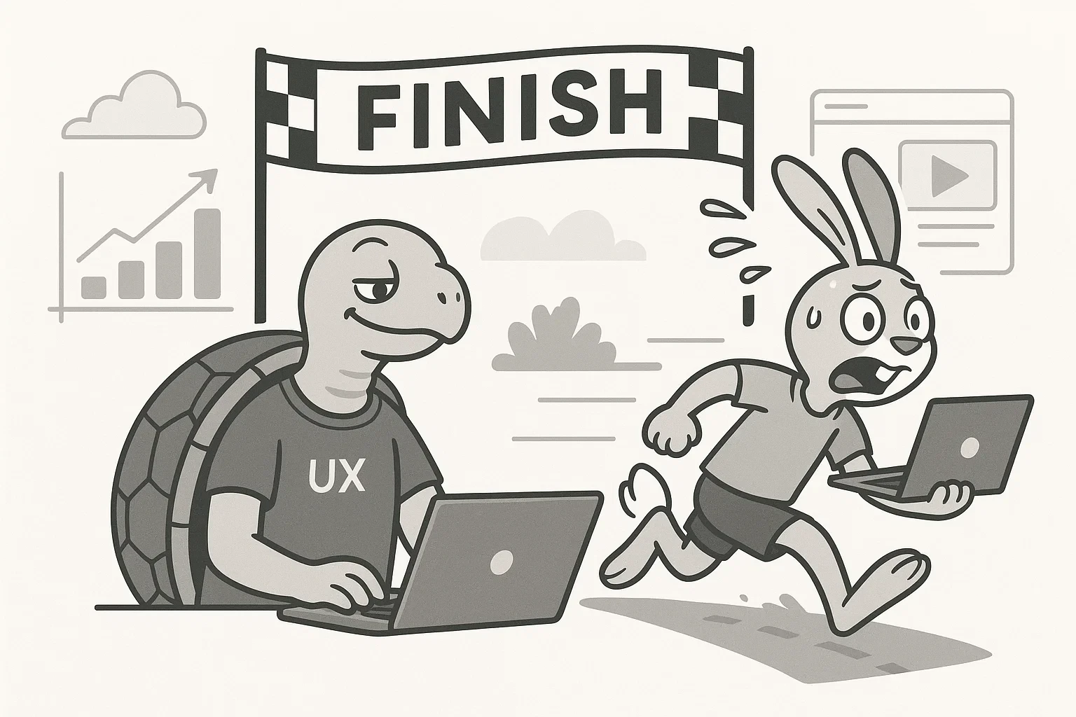 A tortoise and a hare racing towards the finish line.