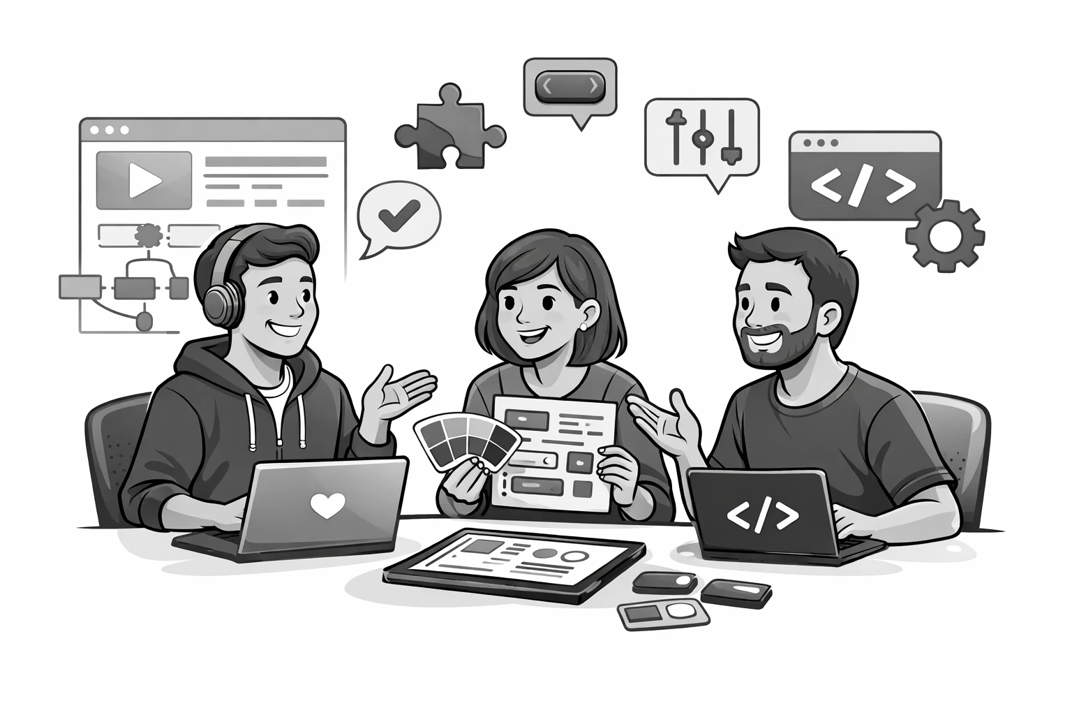A designer and two developers working on a design system.