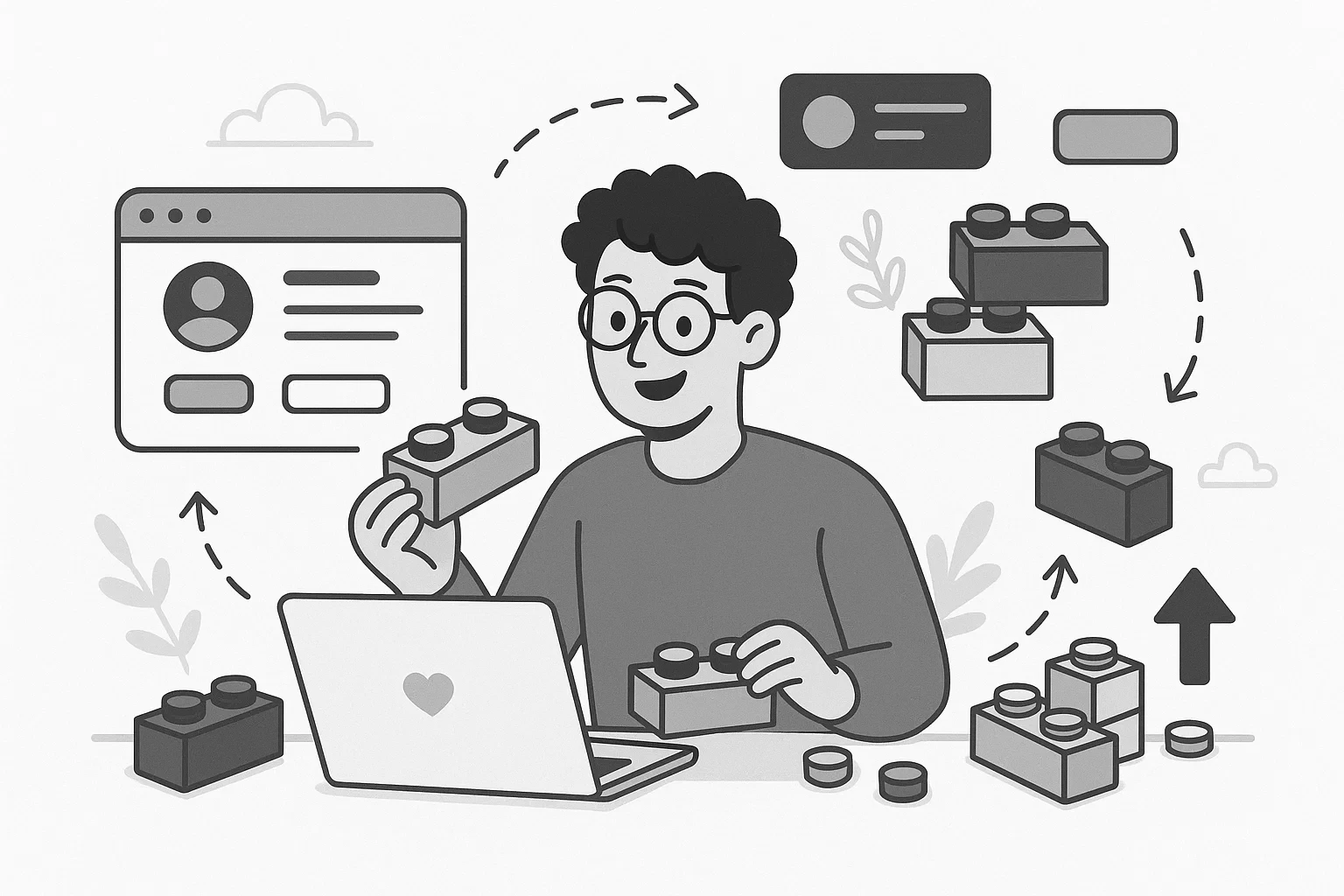 A whimsical illustration of a design system with playful components, colors, and patterns.