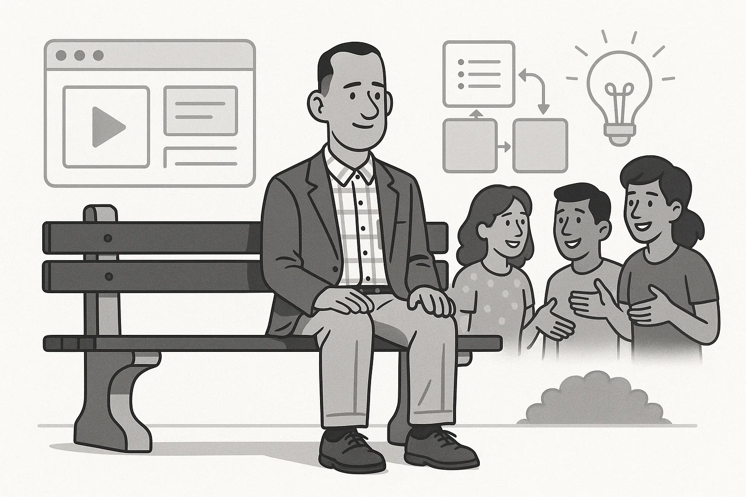 Forrest Gump sitting on a park bench thinking about UX.