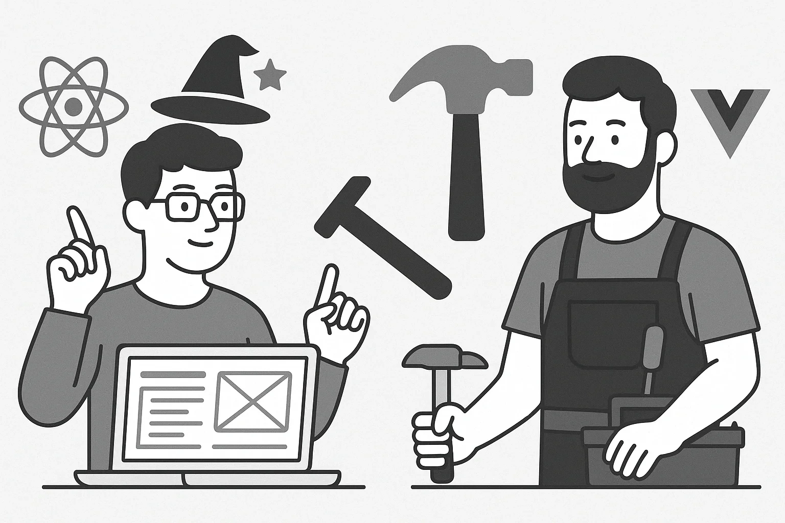 A JavaScript developer and a carpenter sharing tools.