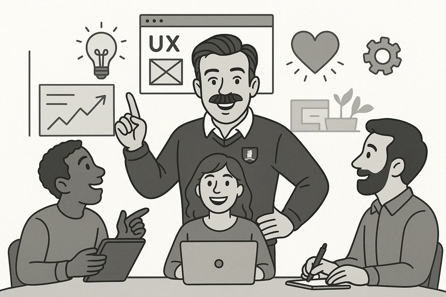 Ted Lasso motivating a team of UX engineers.