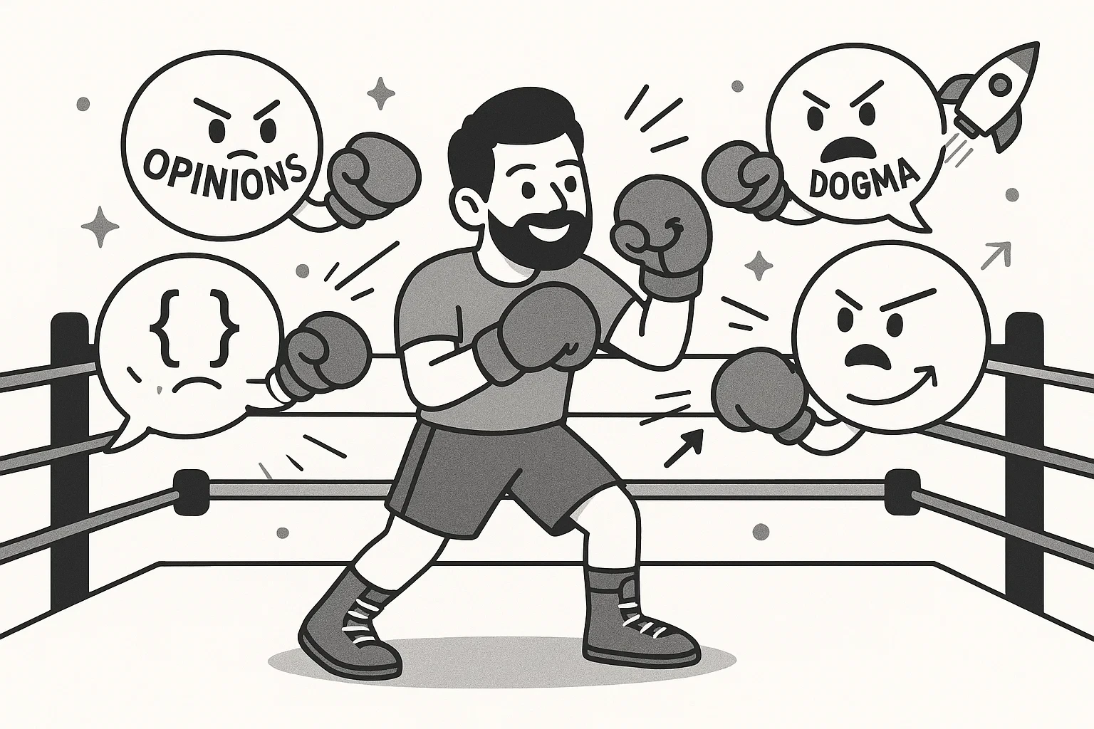 An illustration of a person in a boxing ring, symbolizing the challenges of a front-end developer.