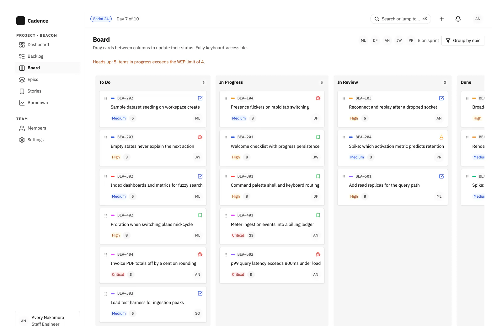 Rudiment UI project board story: a Kanban board with To Do, In Progress, In Review, and Done columns of issue cards showing priority and story points