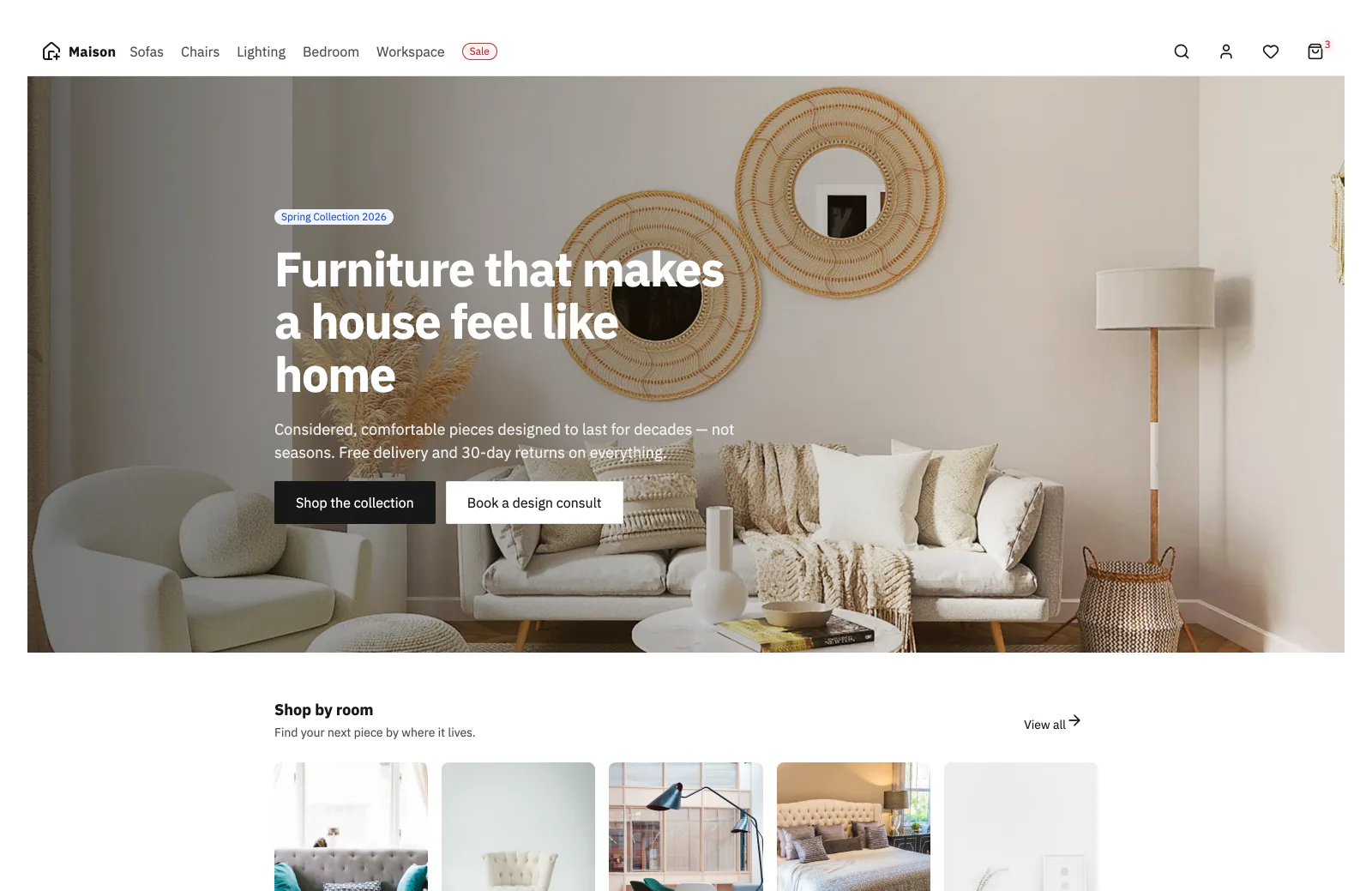 Rudiment UI ecommerce landing page story: a furniture storefront with a navigation bar, full-bleed hero, and a shop-by-room product grid