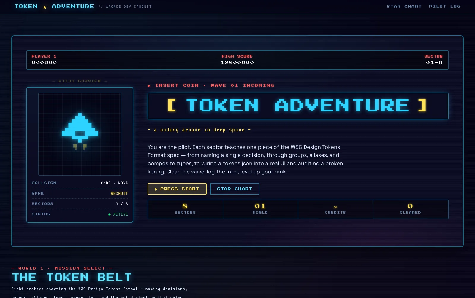 Token Adventure: a retro arcade cabinet UI with a pilot dossier, a high score, and a 'Press Start' to begin the design-tokens curriculum