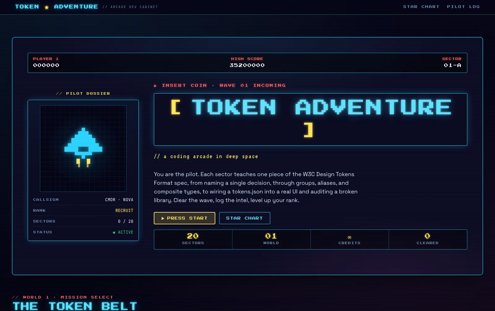 Token Adventure: a retro arcade cabinet UI with a pilot dossier, a high score, and a 'Press Start' to begin the design-tokens curriculum