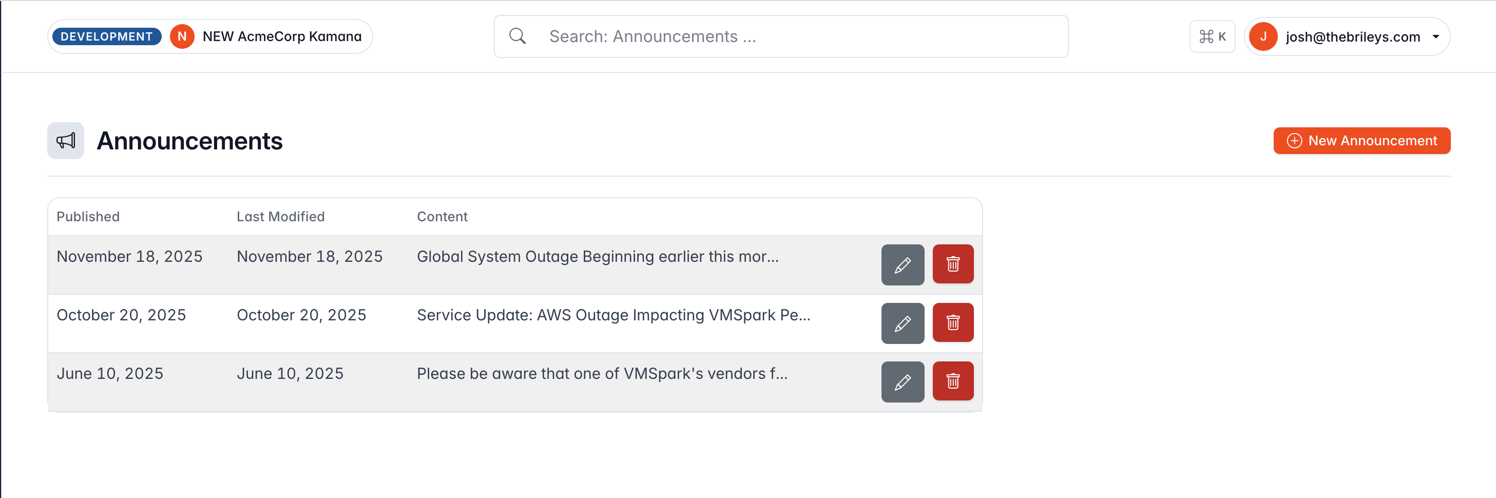 VMSpark Announcements screen. Each row ends with a dark gray pencil edit icon next to a solid red trash icon. A filled orange New Announcement button sits in the top right.