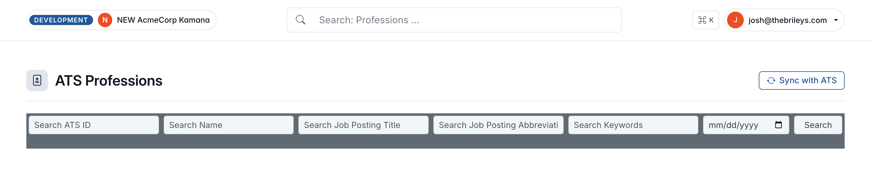 VMSpark ATS Professions screen. Five search inputs use their label text as placeholders inside the fields. A Sync with ATS outlined button sits at the top right.