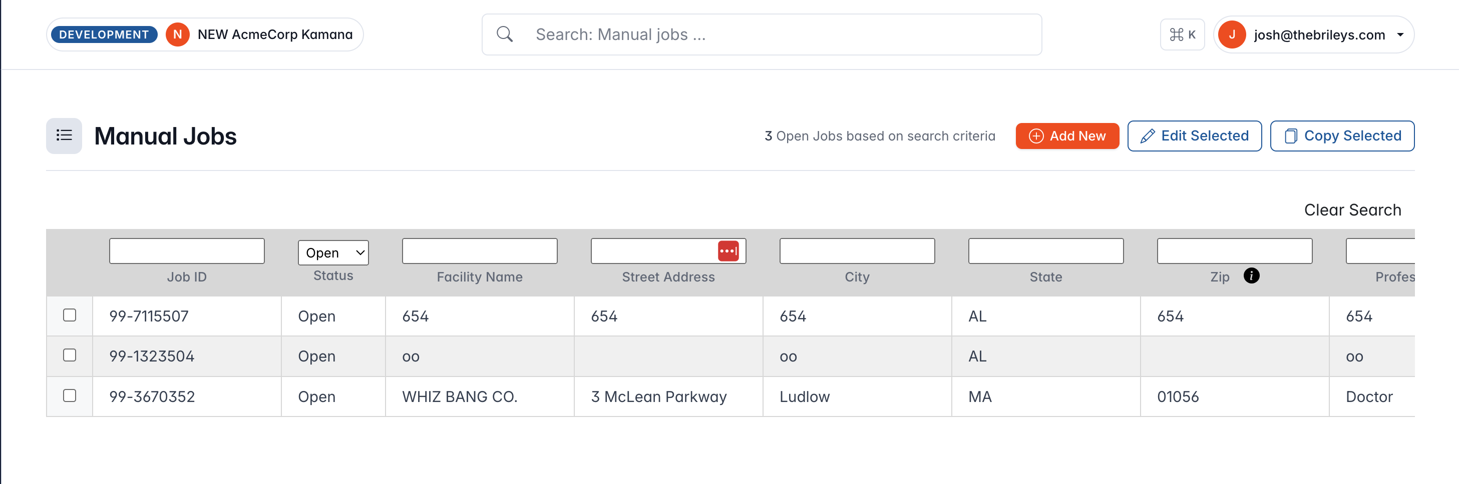 VMSpark Manual Jobs screen. Three buttons sit side by side in the top bar: a filled orange Add New, an outlined Edit Selected, and an outlined Copy Selected. Search inputs appear above the table with labels placed below each field.