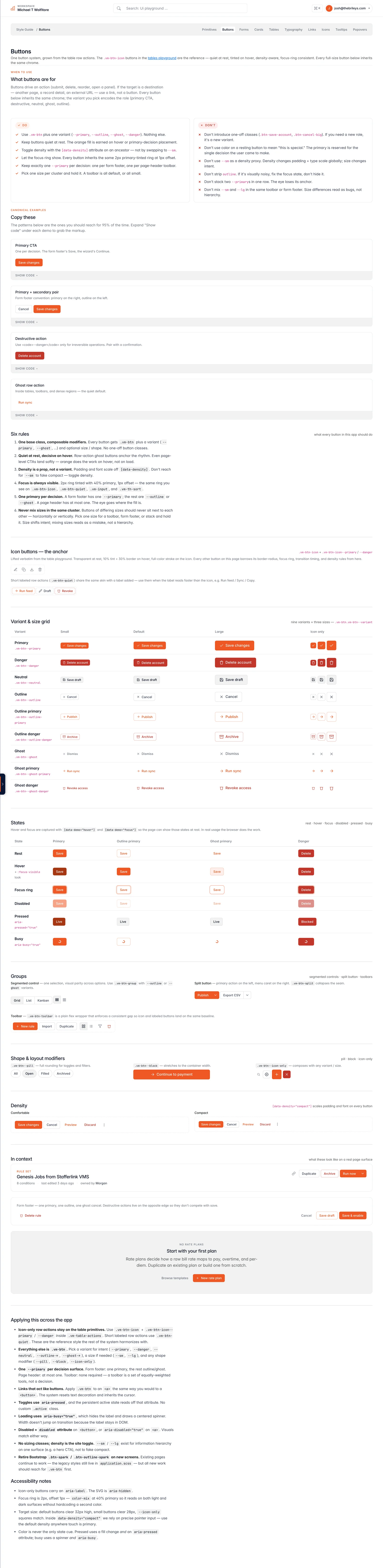 VMSpark button system: variants, sizes, states, and density from one set of classes