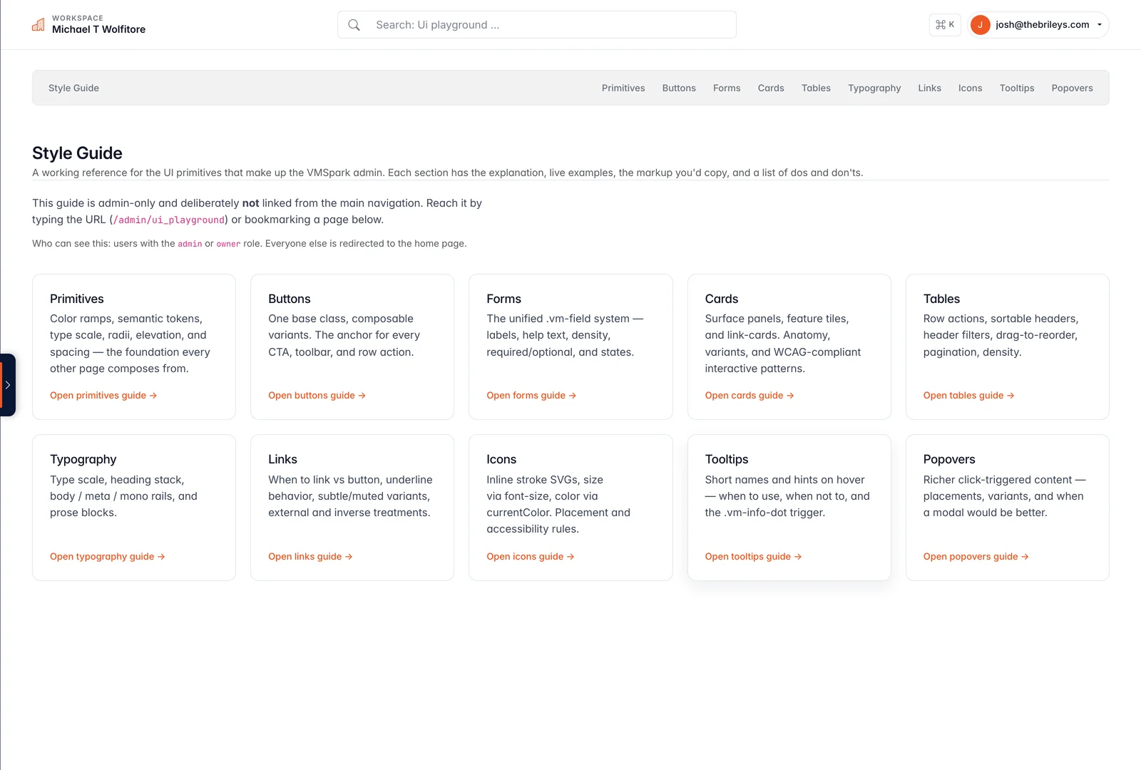 VMSpark admin UI playground: the style-guide overview indexing every primitive