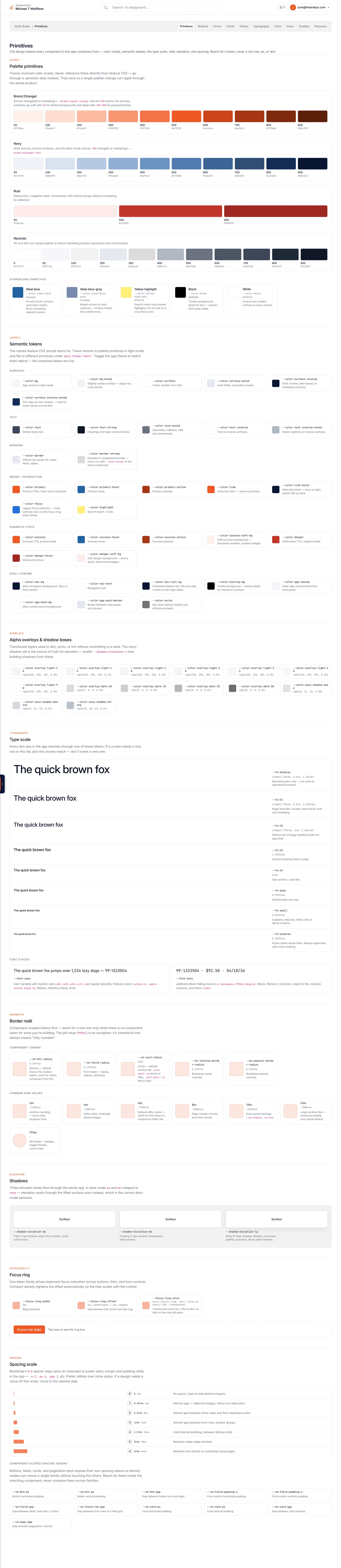 VMSpark UI primitives: color ramps, type scale, spacing, and elevation